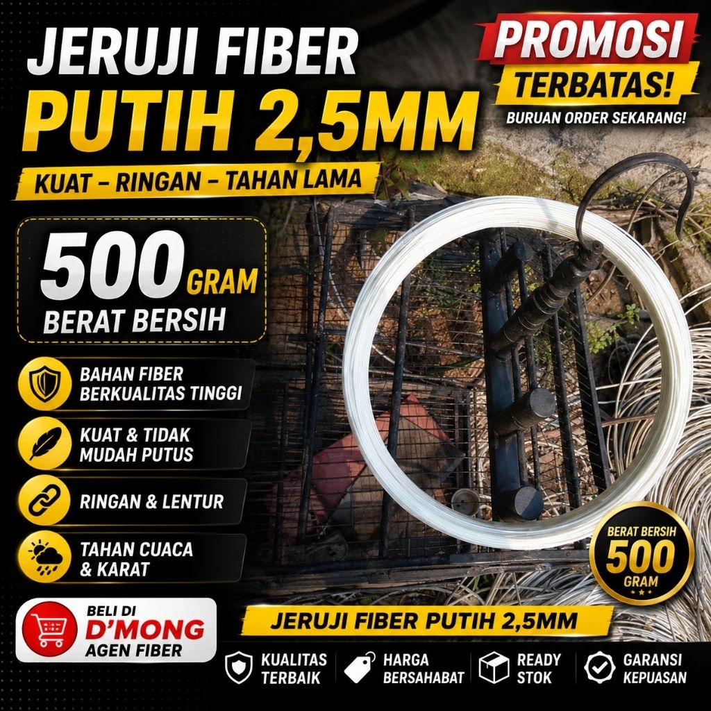 Jeruji fiber Putih 2,5mm berat 500gram cocok untuk layang-layang dan sangkar burung