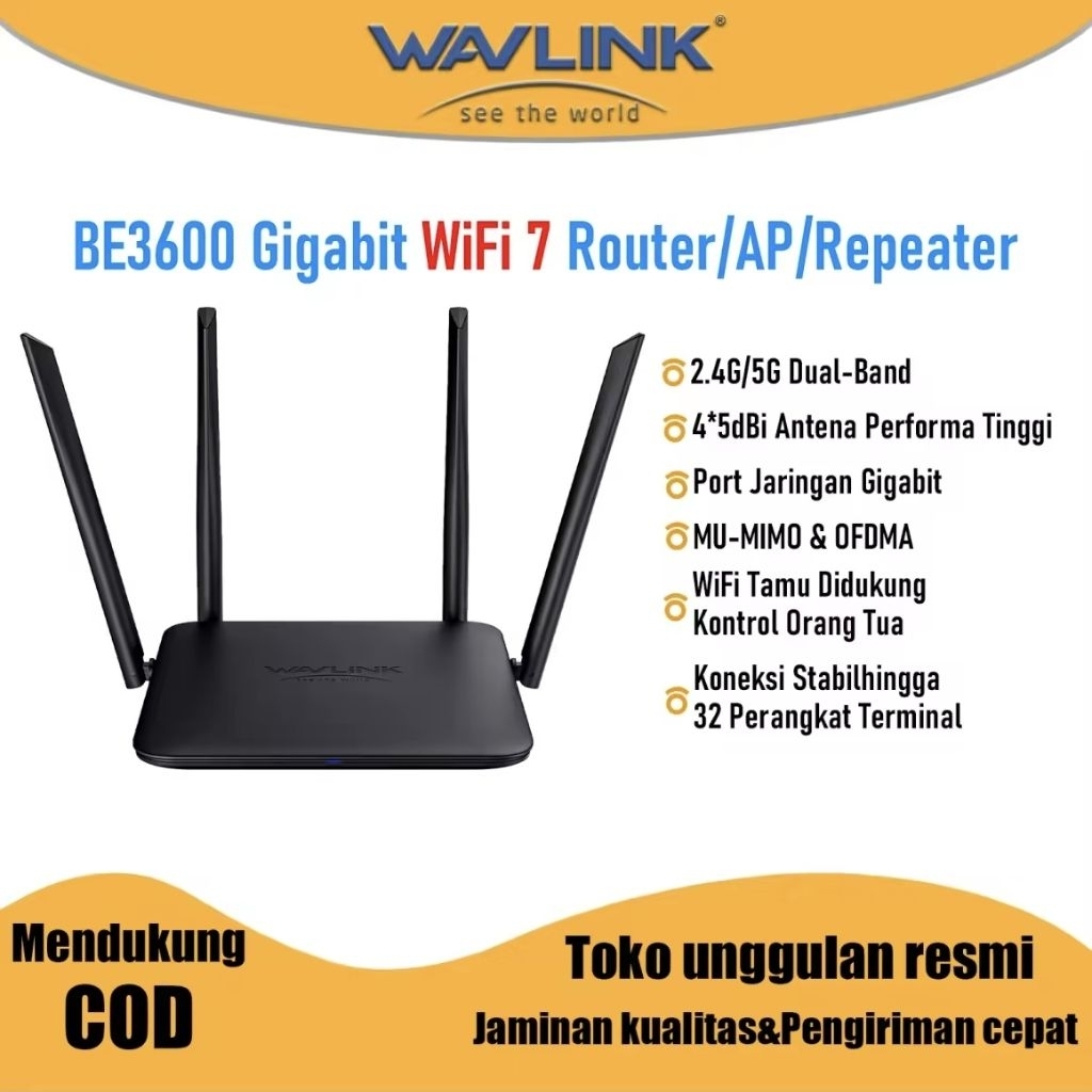 WAVLINK BE3600Router Wi-Fi7 Dual Band 4096-QAM MLO
1700 sq ft Coverage WiFi Tamu QoS IPv6
VPN Lanjut