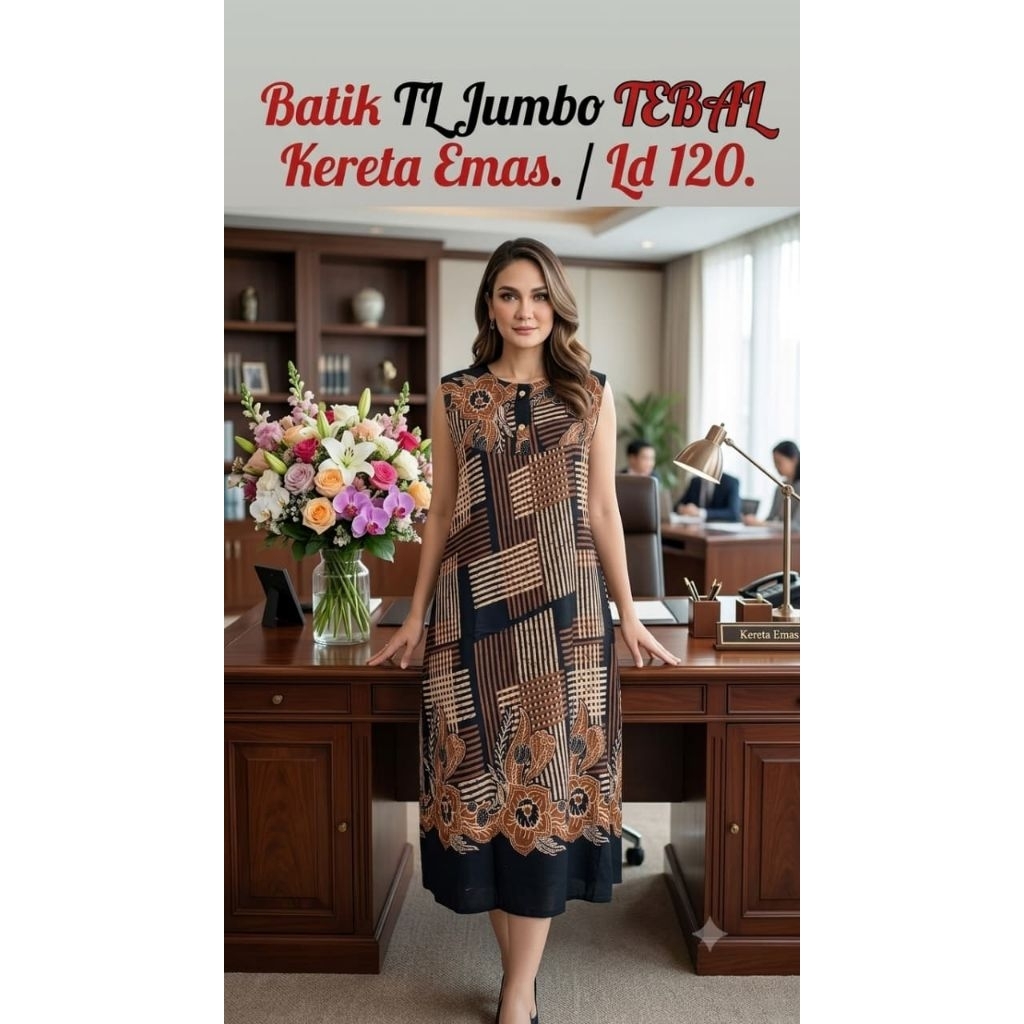 DASTER TANPA LENGAN BATIK KERETA EMAS LD 120 CM JUMBO