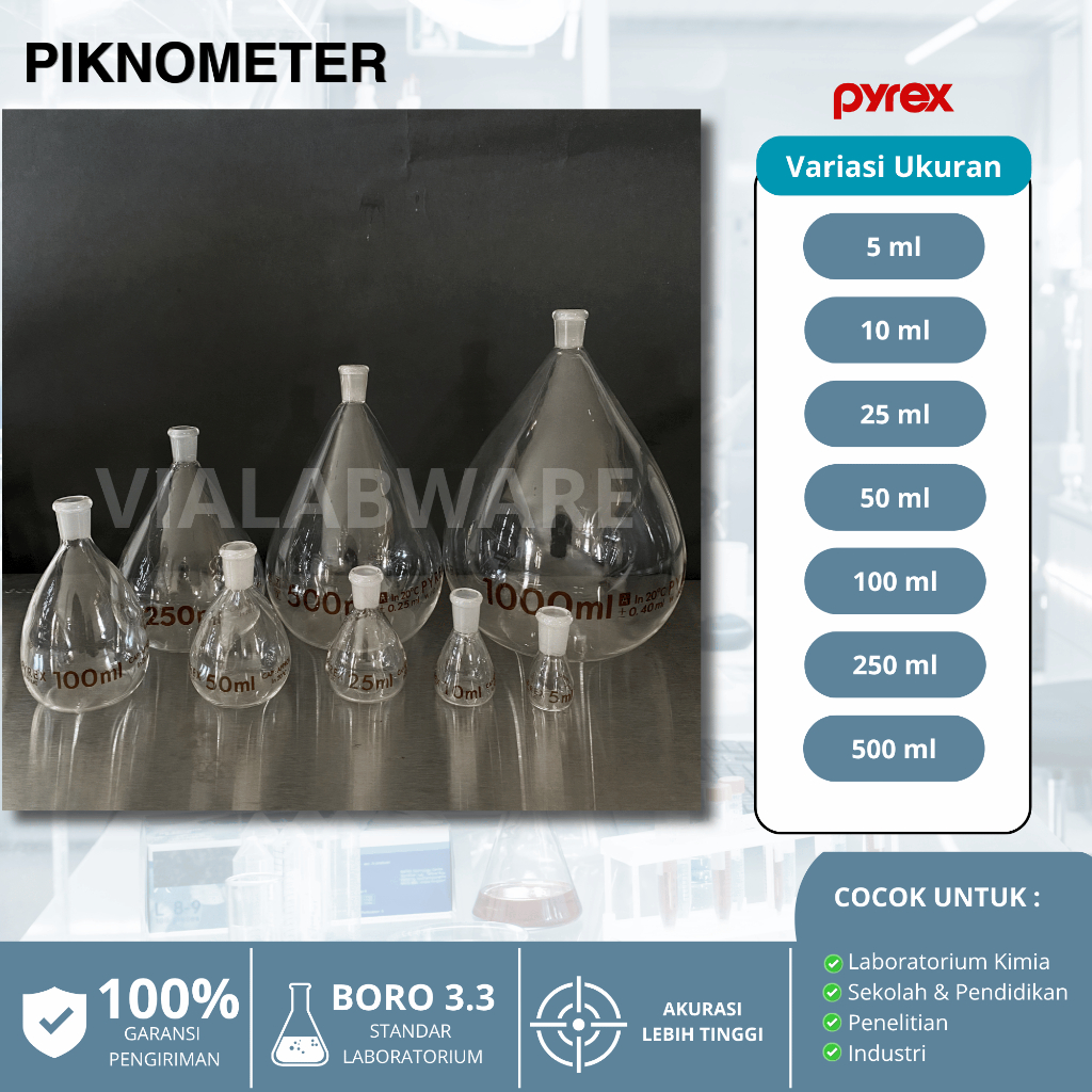Vialabware - Piknometer | 5ml, 10ml, 25ml, 50ml, 100ml, 250ml , 1000ml | pyrex borosilicate | Labora