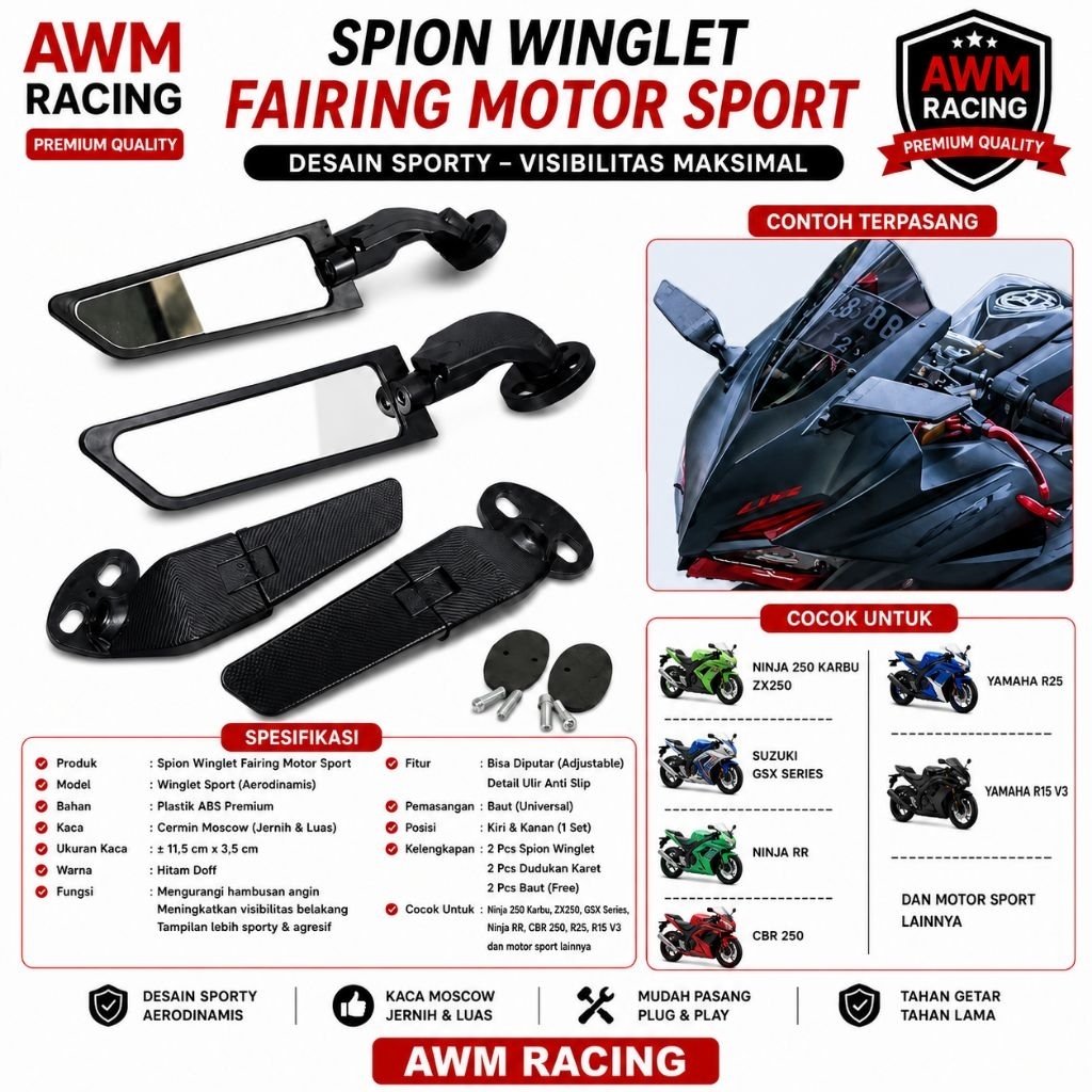 SPION FIRING WINGLET DAUN PURA MOTOR SPORT NINJA CBR GSX R15 R25 V3 V6 UNIVERSAL SPORT