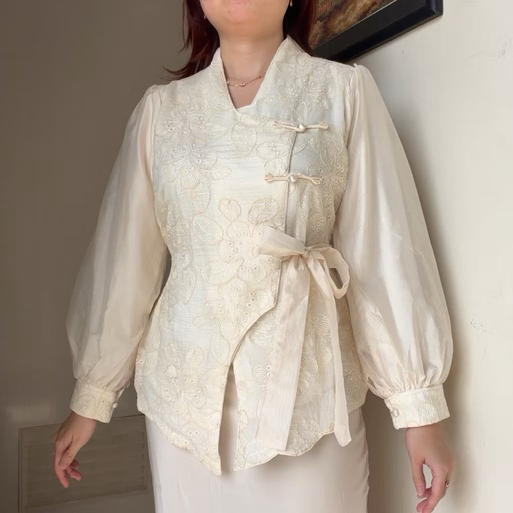 Yuji Top kemeja blouse atasan Top Kemeja Blouse atasan tencel bordir renda korean style wanita by bi