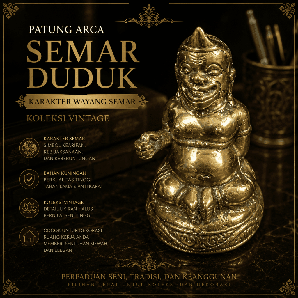 Patung Arca Semar Duduk Kuningan Vintage – Patung Wayang Semar Klasik Dekorasi Ruang Kerja, Ruang Ta