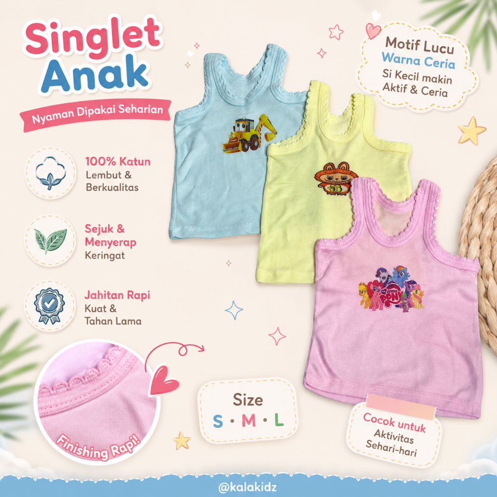 3 PCS Kaos Singlet Anak Karakter / Kaos Sangsang Anak
