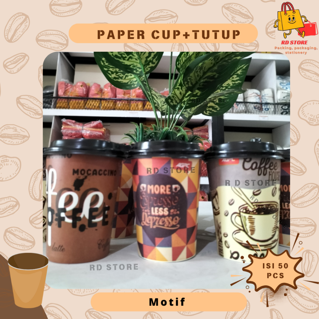 PAPER CUP DENGAN TUTUP 8OZ ISI 50 PCS PAPER CUP KOPI GELAS KOPI KERTAS ANTI PANAS PAPER CUP + TUTUP