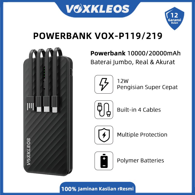 VOXKLEOS Powerbank 10000-20000mAh Fast charging Power bank KV-PT113 Mini with 4 Kabel Data Original 