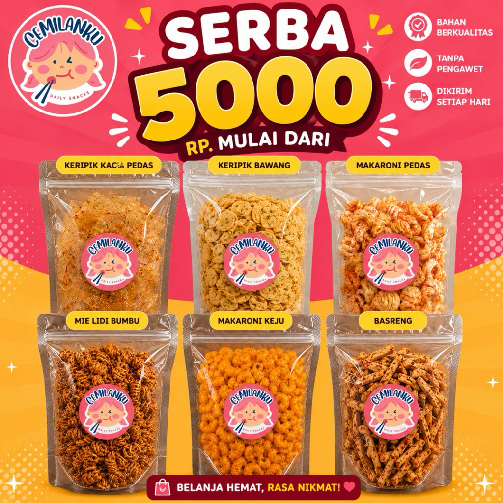 Cemilan Gurih basreng/makaroni/keripik kaca mie lidi/keripik bawang serba goceng(5000)