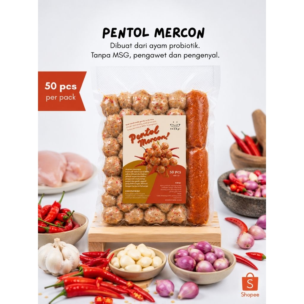 Pentol Mercon Ayam Pedas 50 pcs | Bakso Ayam Frozen | No MSG | Ayam Probiotik | Sambal Kacang