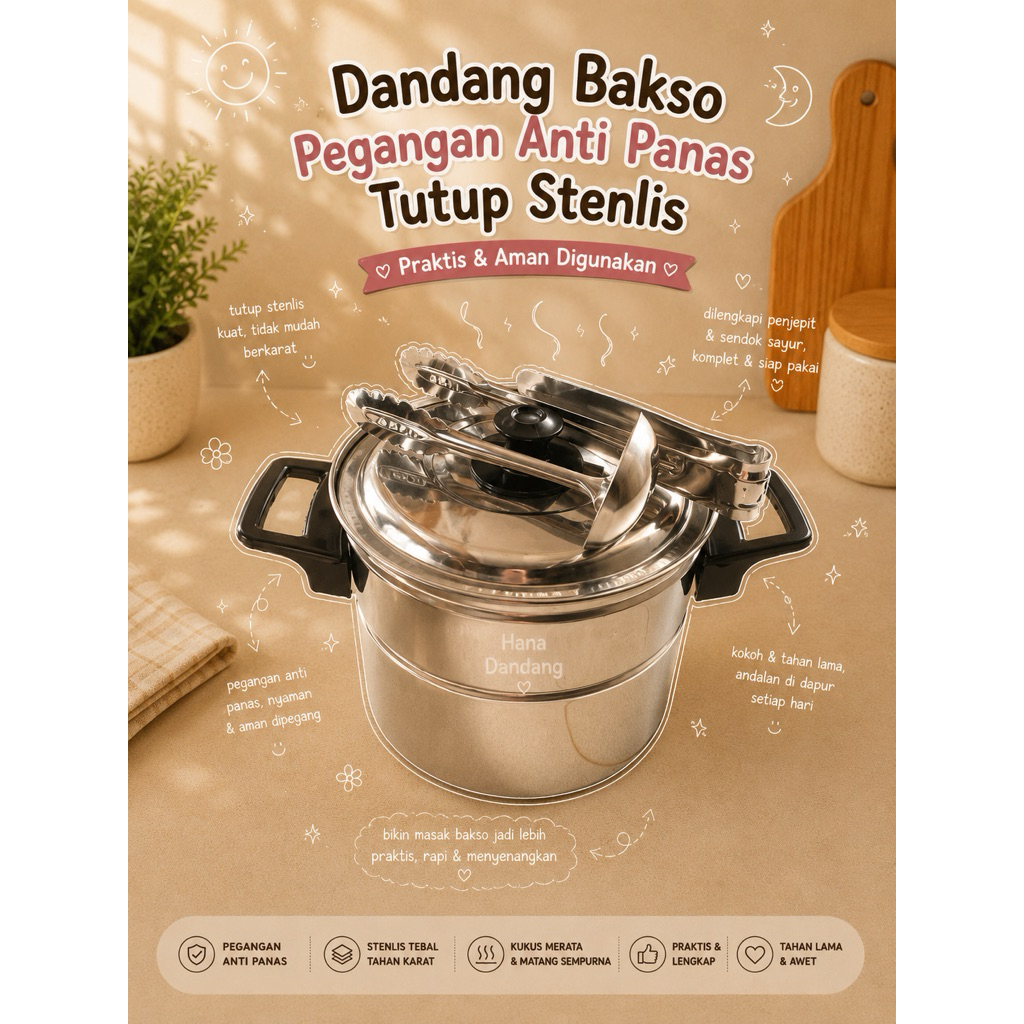 DANDANG BAKSO UKURAN 16 & 18cm STAINLISH *PEGANGAN HITAM ANTI PANAS*