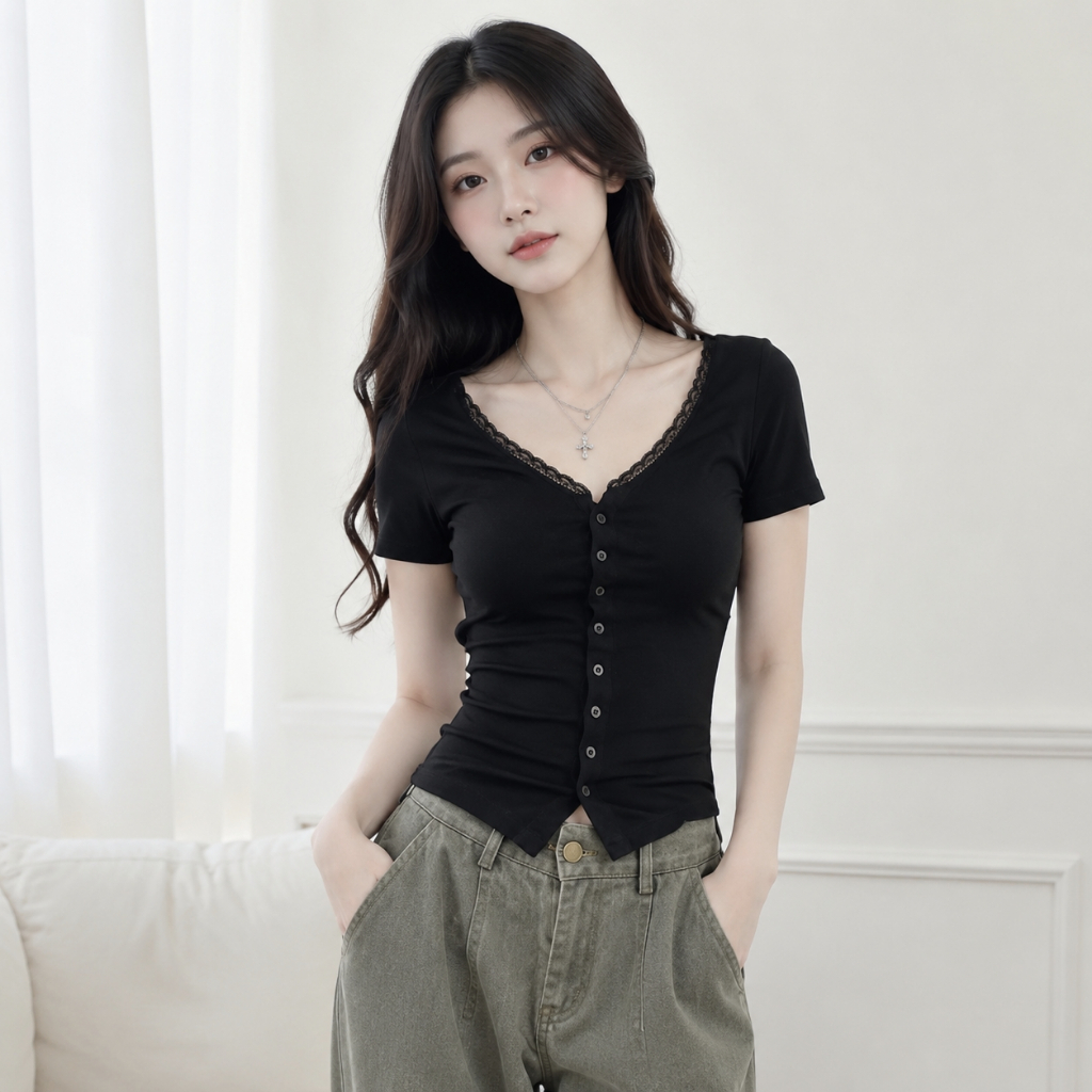 CHICMORE  Atasan Casual Wanita | Atasan Lengan Pendek | Atasan Bodyfit Korea | Atasan Renda Leher V 