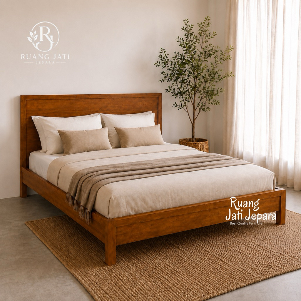 Tempat Tidur Kayu Minimalis Modern | Dipan Kayu Jati Solid Kuat | Ranjang Kayu Natural Estetik | Ran