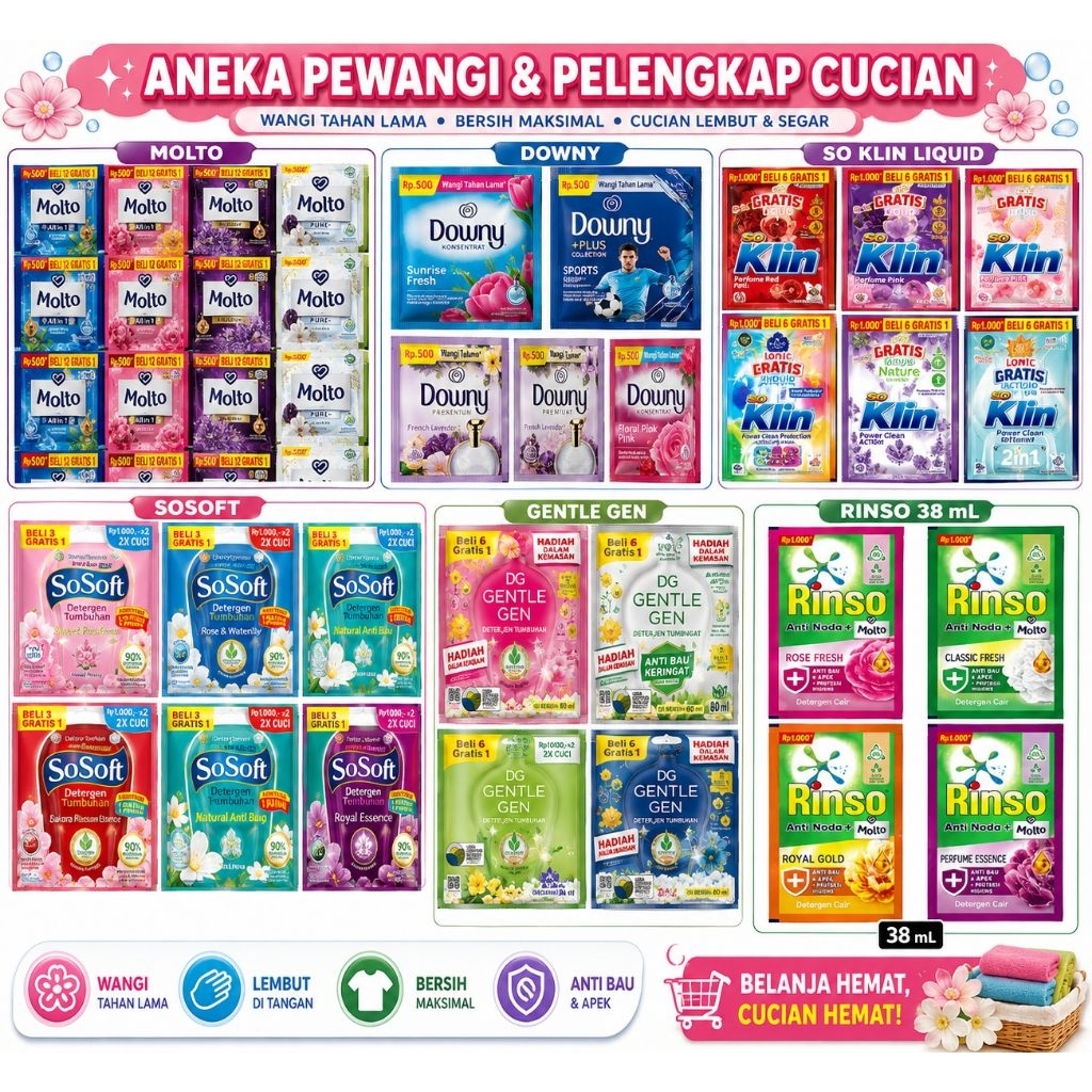 3 & 6 SACHET RINSO CAIR SOKLIN CAIR SOSOFT GENTLE GEN MOLTO DOWNY