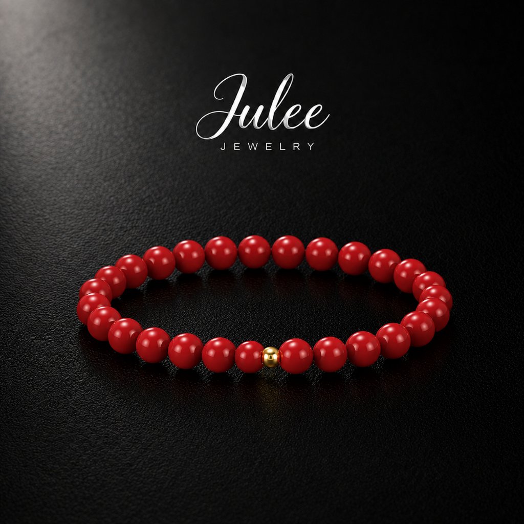JULEE Gelang Emas 24K Cinnabar Merah, Gelang Emas Murni 24 Karat Handmade, Perhiasan Wanita Elegan, 
