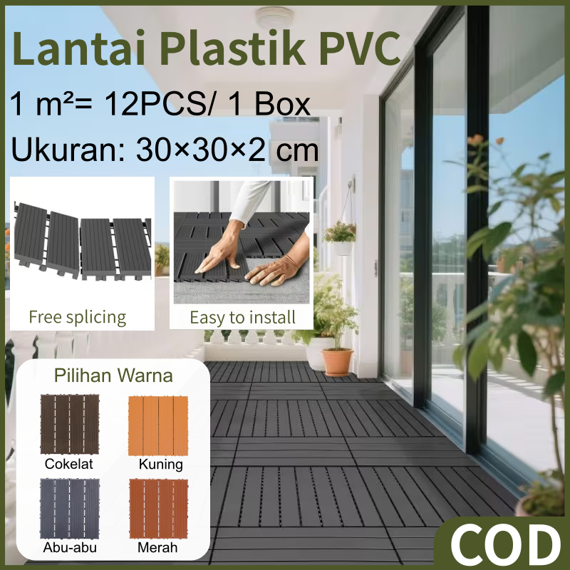 12PCS Decking Tile Lantai Anti Air Decking Tile PVC Indoor Outdoor Halaman Plastik Splice Lantai Dec