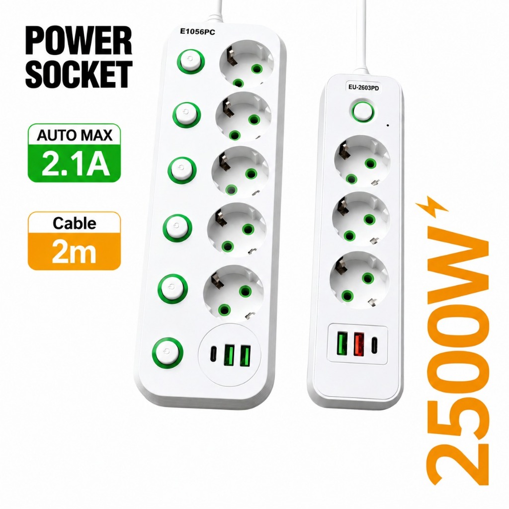 Stop Kontak Kabel 2m USB Power 2500W Socket Plug Saklar On/Off