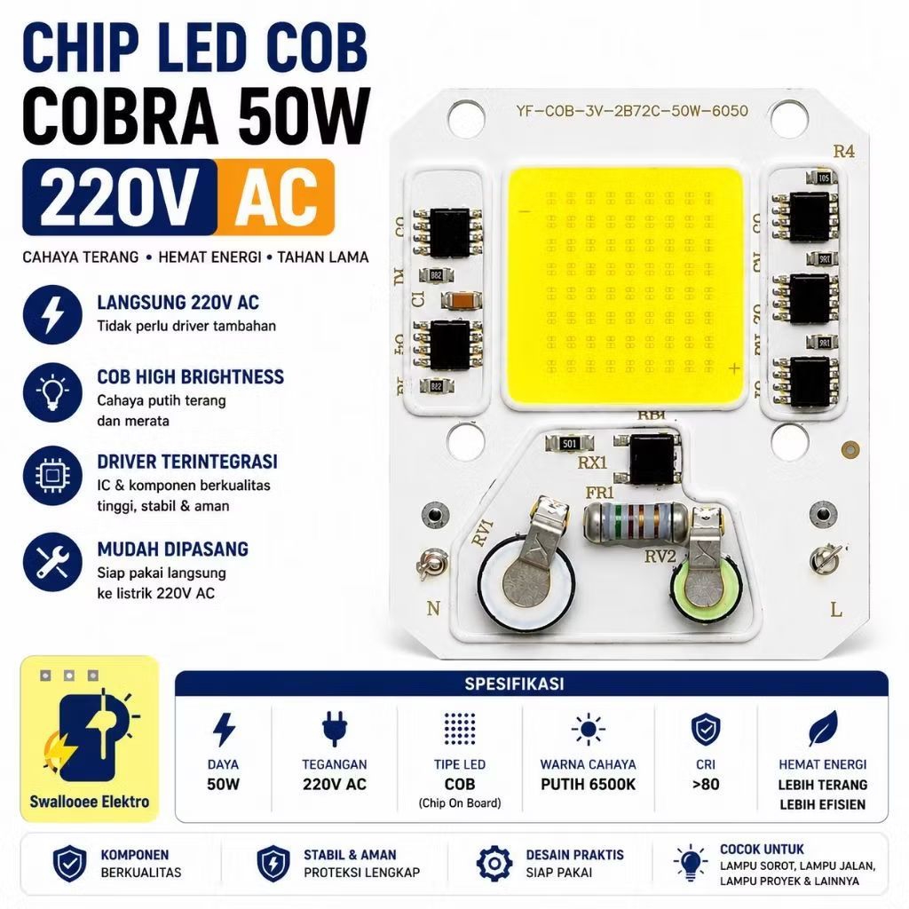 LED COB 50W Chip LED Lampu Cobra 220V