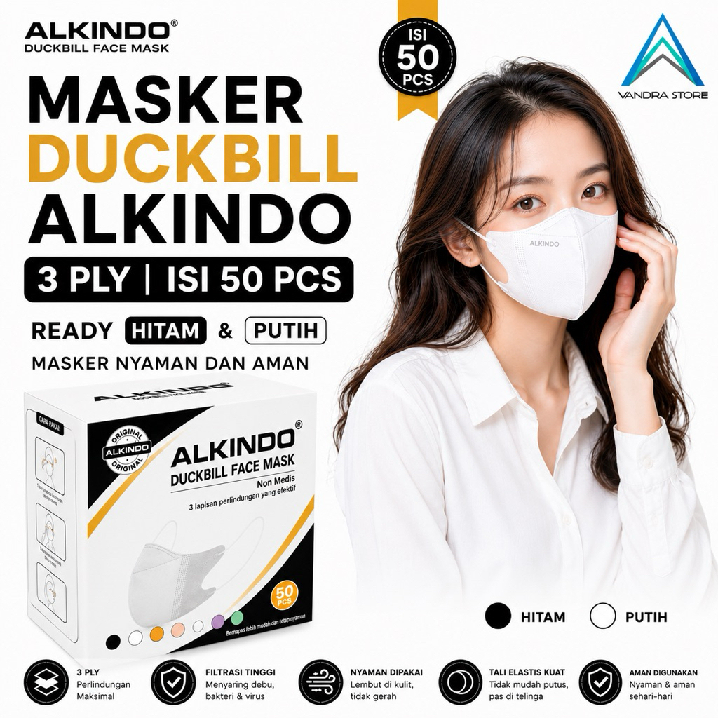 Masker Duckbill 3 Ply Alkindo Premium - Isi 50 Pcs/Box - Nyaman & Aman