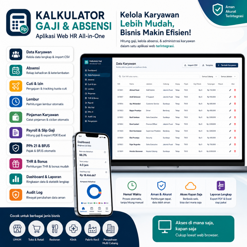 Aplikasi Web HR Kalkulator Gaji & Absensi All-in-One Kelola Karyawan Lebih Mudah
