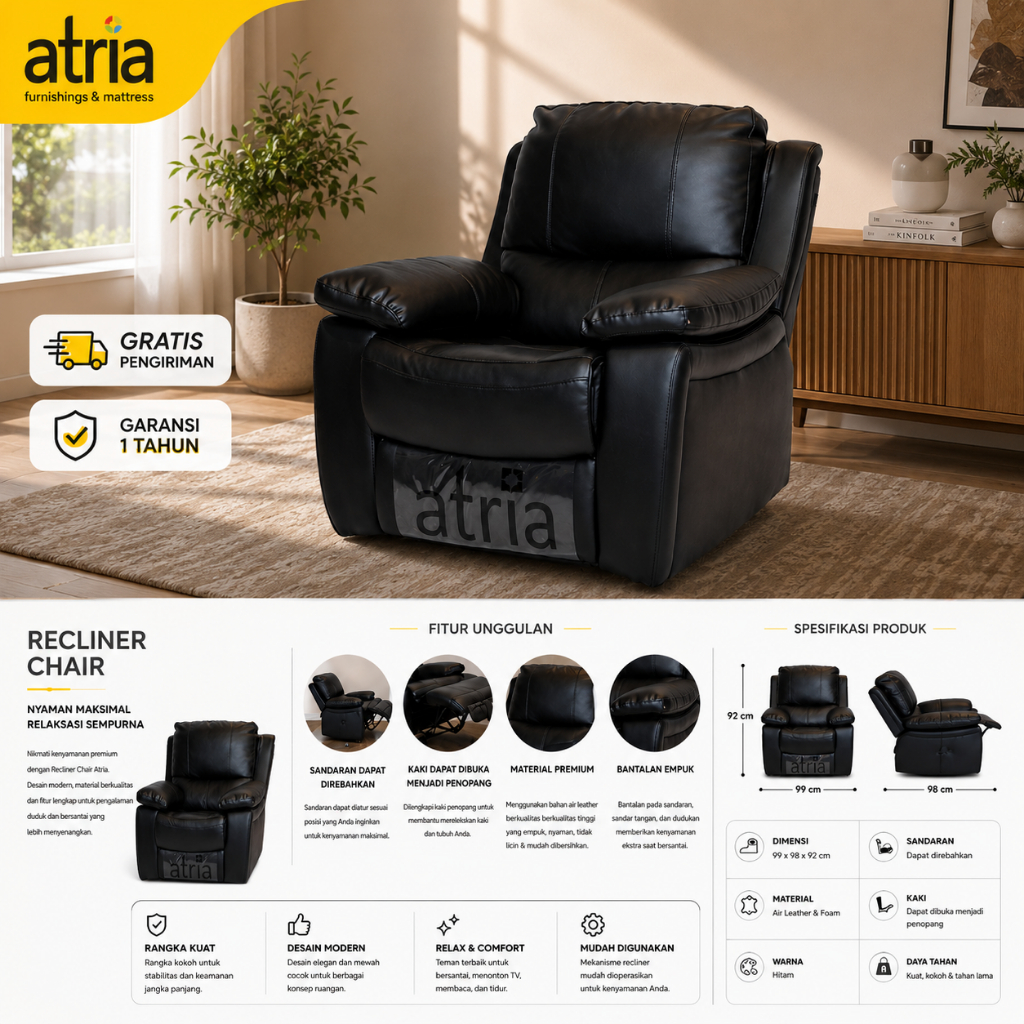 Atria Sofa Single Recliner Livana 1 seater Black/Tan