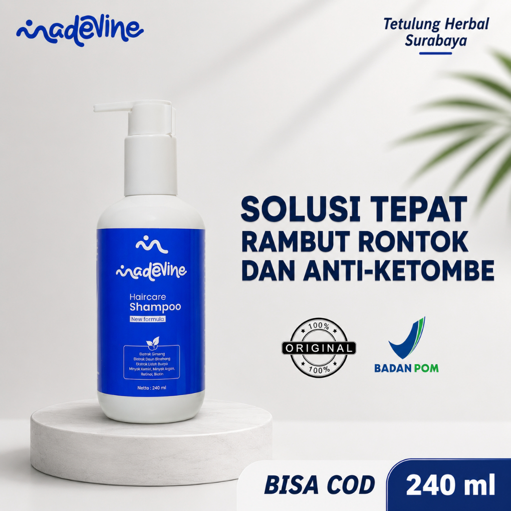 Madevine Shampoo - Shampo Herbal Rambut Rontok, Penumbuh Rambut, Anti Ketombe, Rambut Sehat & Berkil