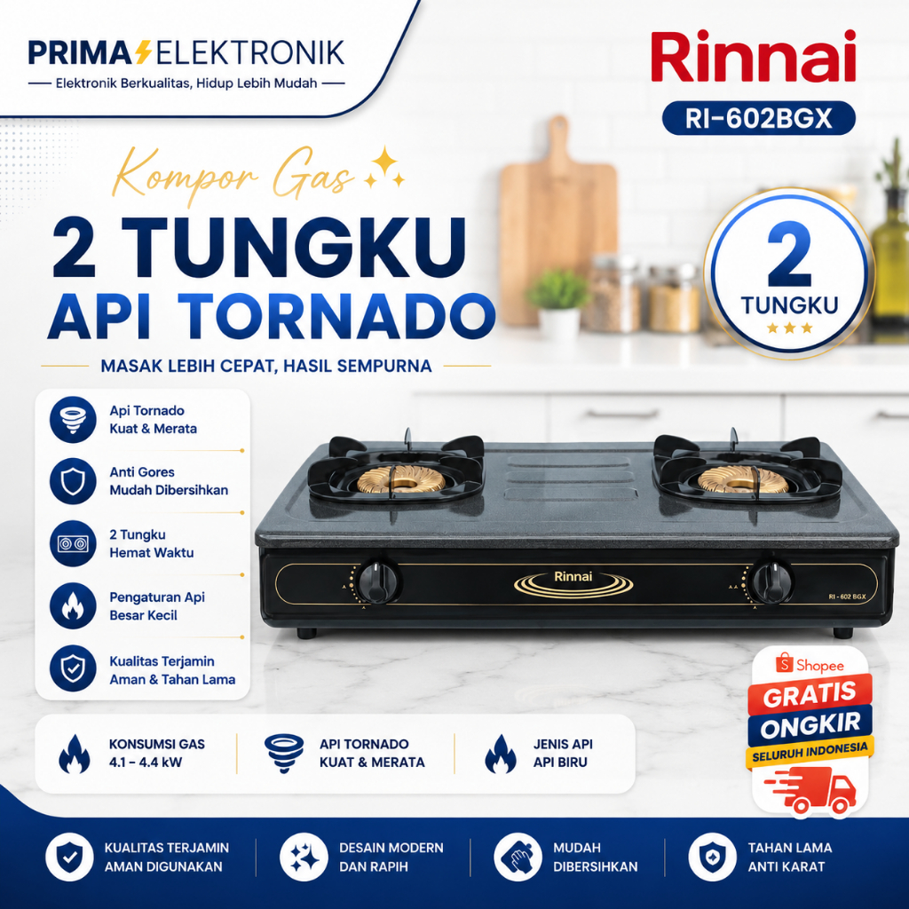 RINNAI KOMPOR GAS 2 TUNGKU RI 602 BGX/RI602BGX/RI602 BGX/RI 602BGX/RI-602BGX/ORIGINAL RINNAI/GARANSI