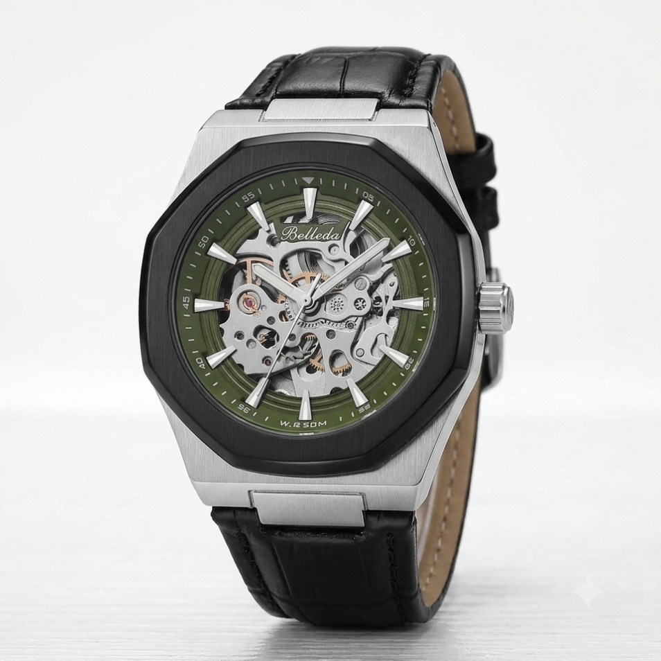 Jam Tangan Pria Belleda 9628 Leather Strap Automatic Unisek Luxury Anti Air 50 Meter Watches