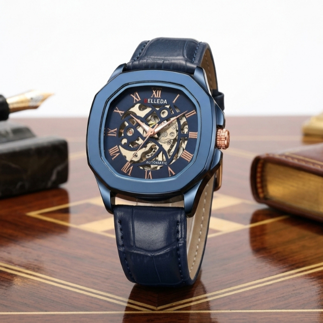 Jam Tangan Pria Belleda 9484 Tali Kulit Segi Otomatis Unisex Pria Wanita Watch Anti Air 3 Atm