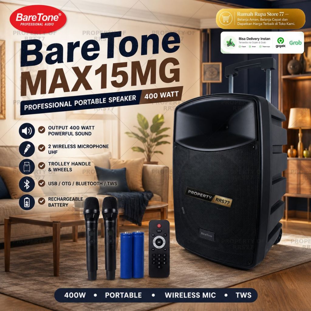 Speaker Trolley Portable Professional Baretone MAX-15 MG 15 Inch 400W 2 Wireless Microphone UHF (Ins