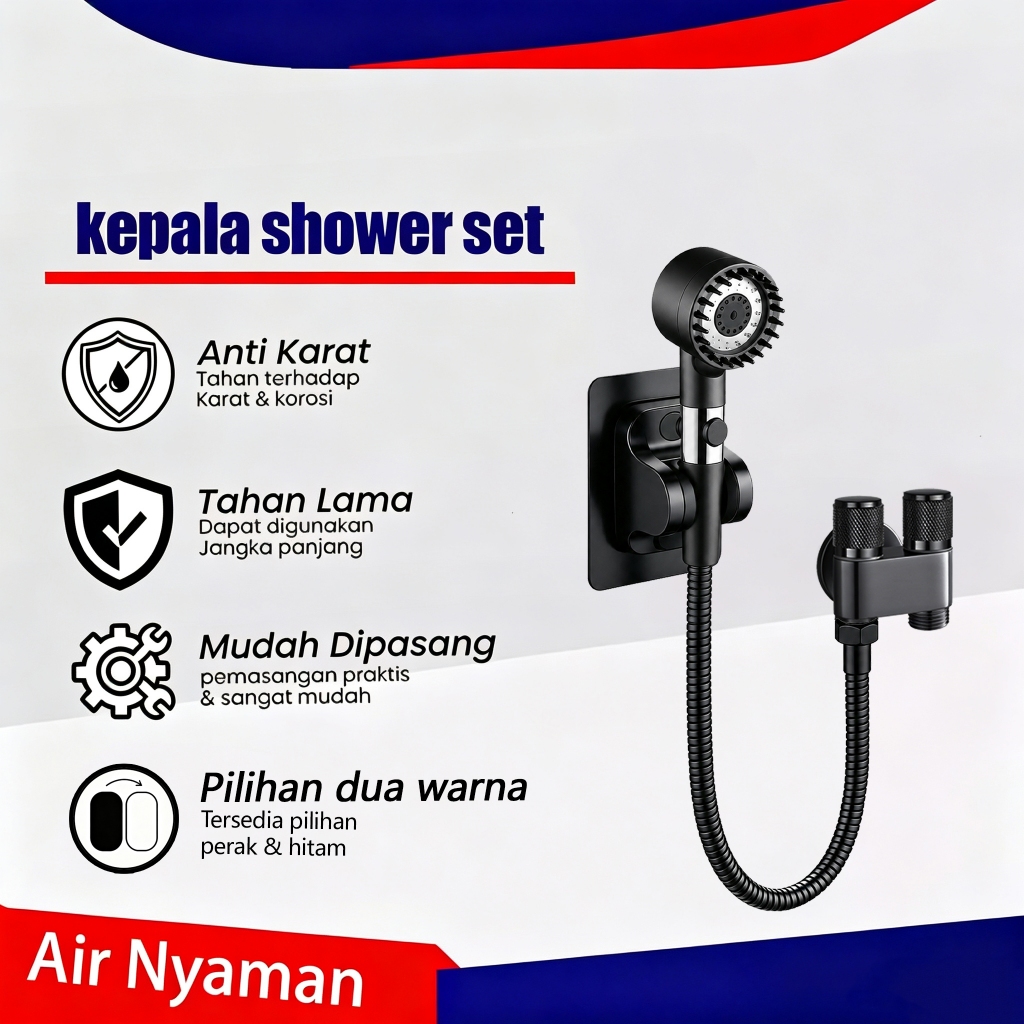 Paket Hand Shower 8 Mode Semprotan Kuat Keran Cabang 2 Keluar Knurled SUS304 Hitam Modern Dudukan Ta