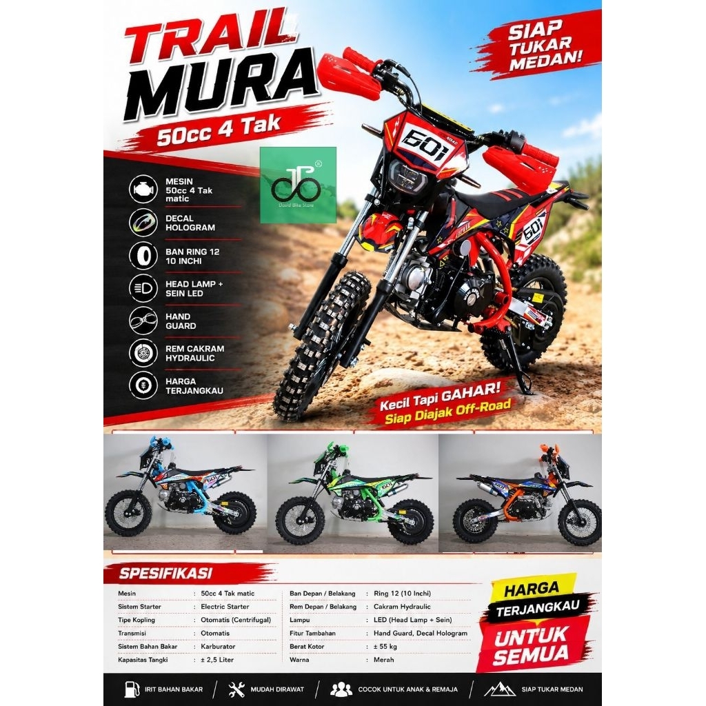MiniMotor Trail (Medium Trail) tipe MURA Jaguar Jackle MURA 50cc 4tak Matic Lampu Terbaru