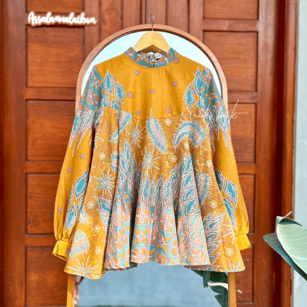 Audry Batik - Angelina - Blouse Batik Kerja Wanita Panjang Hijab Modern Motif Abstrak Mustard