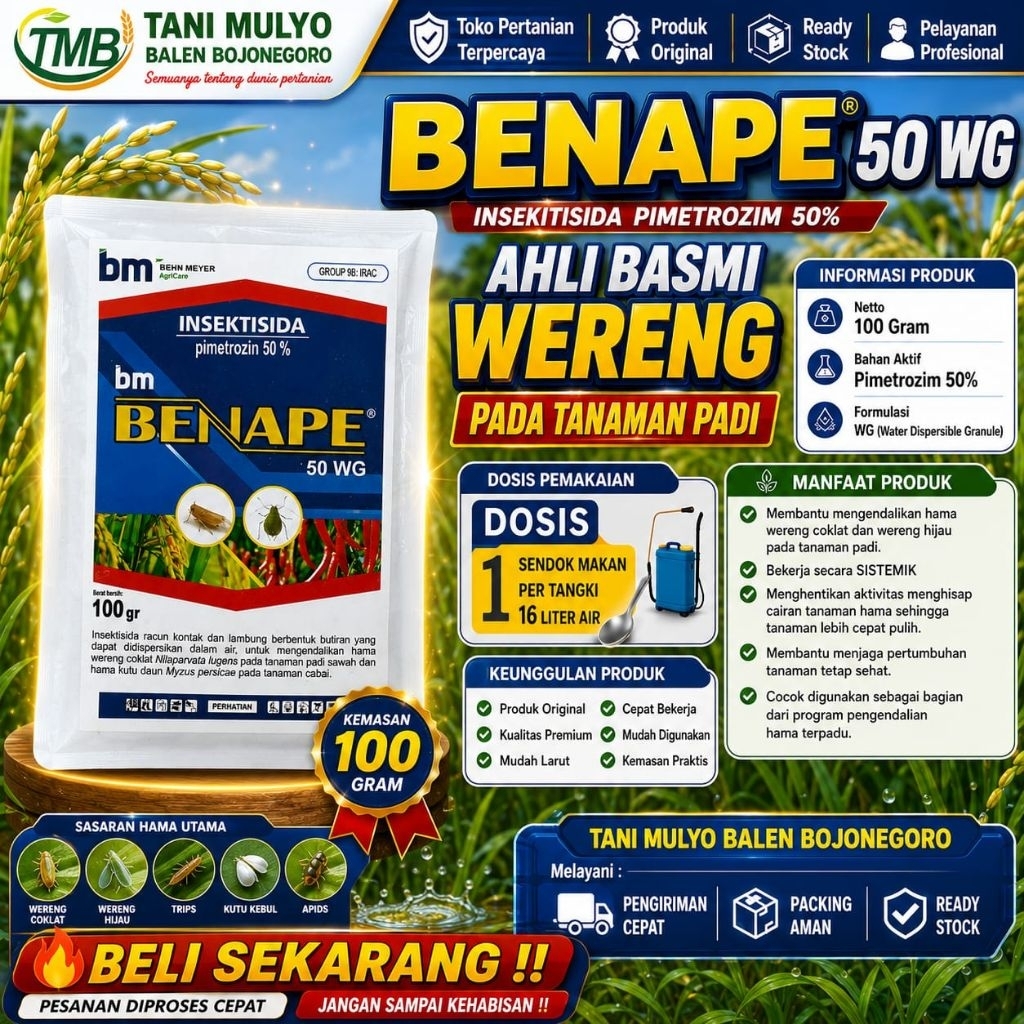 BENAPE 50 WG 100 Gram Pimetrozim Setara PLENUM, Ampuh basmi Wereng, Trips, kutu kebul tungau apids p