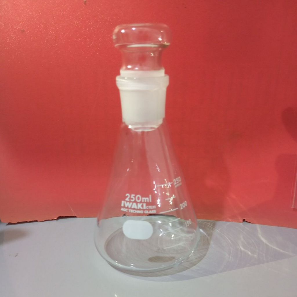 Erlenmeyer 250ml 100ml Tutup Asah Iwaki. Erlenmeyer 250ml 100ml with Glass Stopper Iwaki.