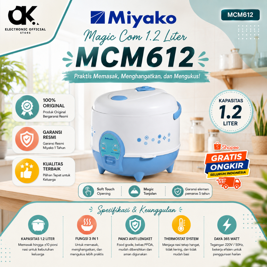 MIYAKO RICE COOKER MCM-612 KAPASITAS 1.2 LITER/MCM 612/MCM612/MCM-612/ORIGINAL MIYAKO/GARANSI RESMI