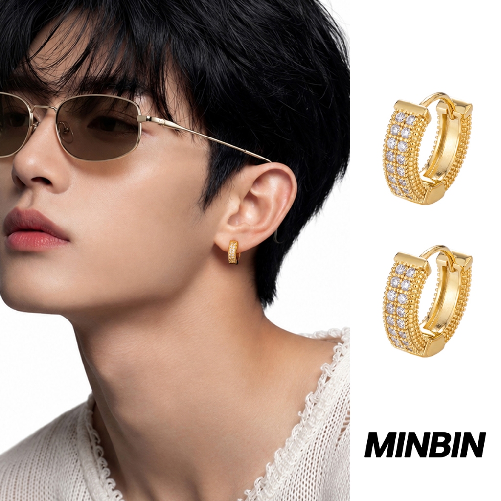 MINBIN Anting Hoop Pria Titanium Steel Lebar Motif Manik Batu Zirkon Putih Warna Emas Anti Karat Aks