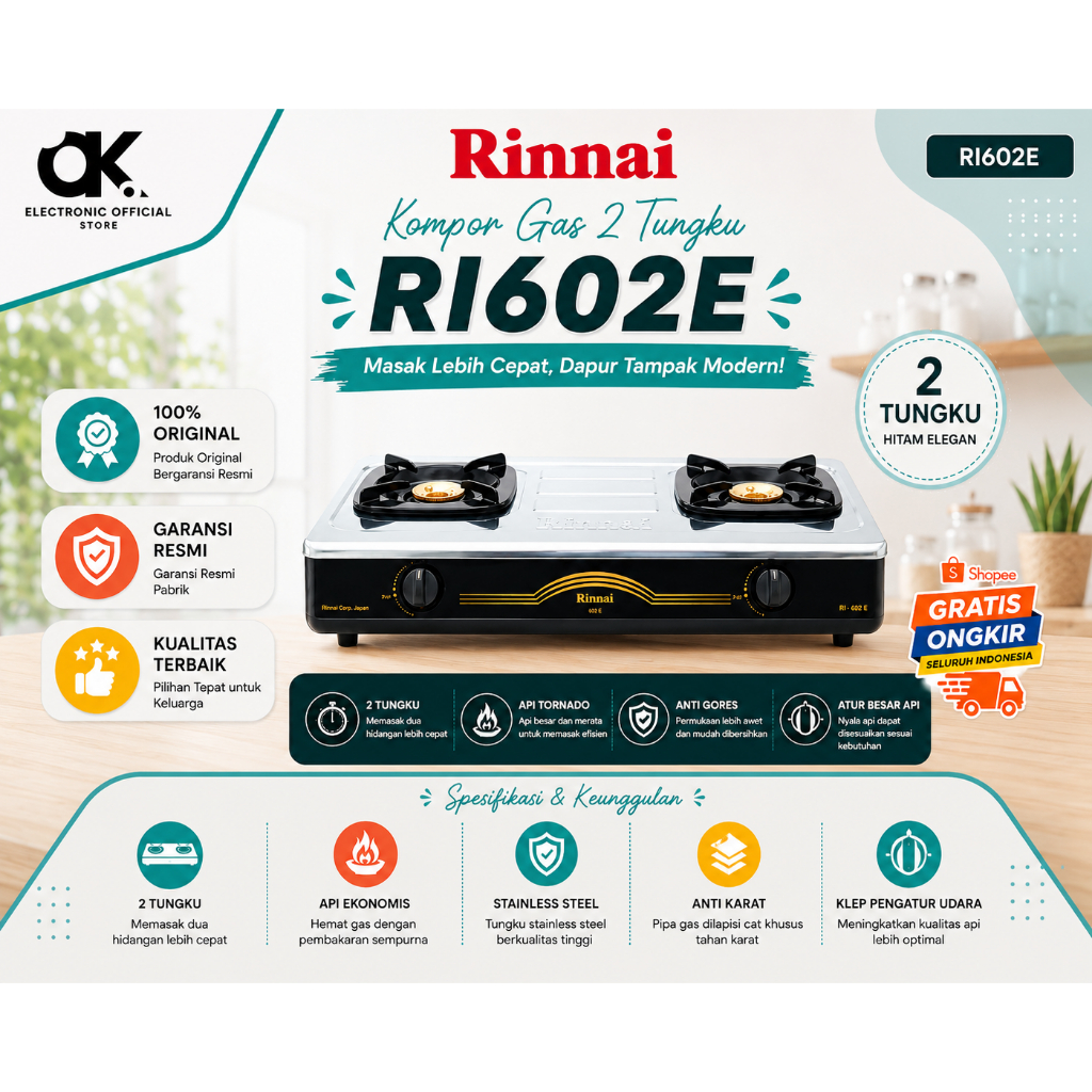 RINNAI KOMPOR GAS 2 TUNGKU RI 602 E/RI602E/RI 602-E/RI-602-E/KOMPOR RINNAI 602 E/ORIGINAL/GARANSI