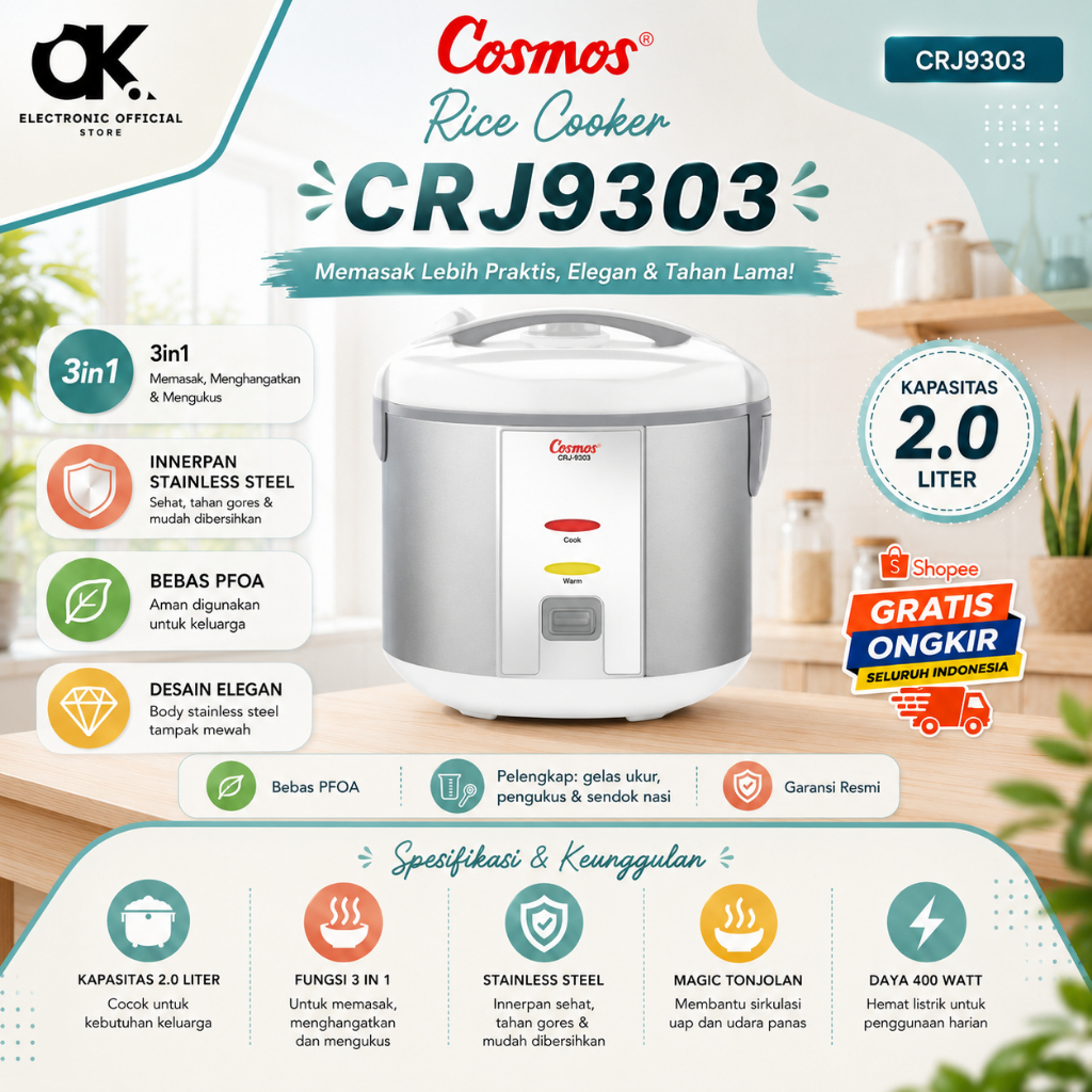 COSMOS RICE COOKER NON STICK CRJ9303 2L/CRJ-9303/CRJ 9303/CRJ-9303/CRJ 9303/ORIGINAL GARANSI RESMI