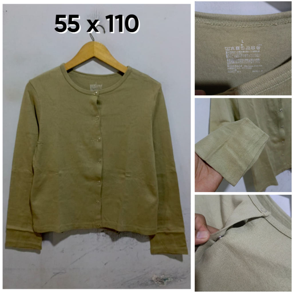 Cardigan Muji Hijau O Neck Size L Kancing Tekan Wanita Atasan H198