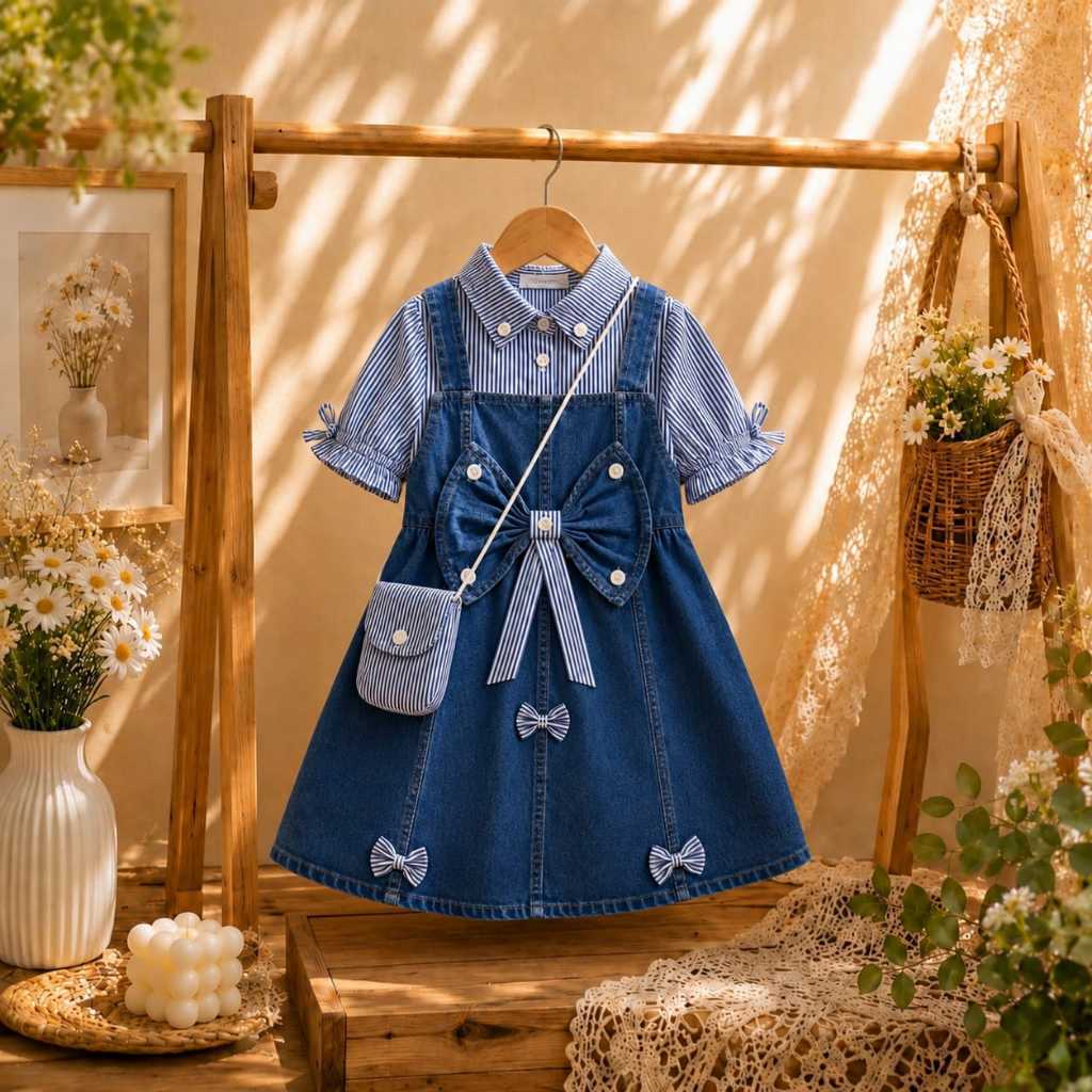 Midi Dress Jeans Anak Perempuan Gamis Denim Impor Korea Bahan Adem Usia 3-10 Tahun Sekolah Liburan P