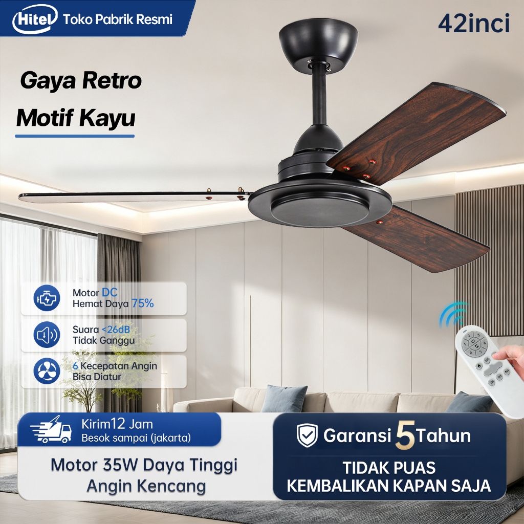 Hitel [Garansi 5 Tahun] 42 Inch Remote Control kipas angin gantung plafon  dengan Remote Bilah Kayu 