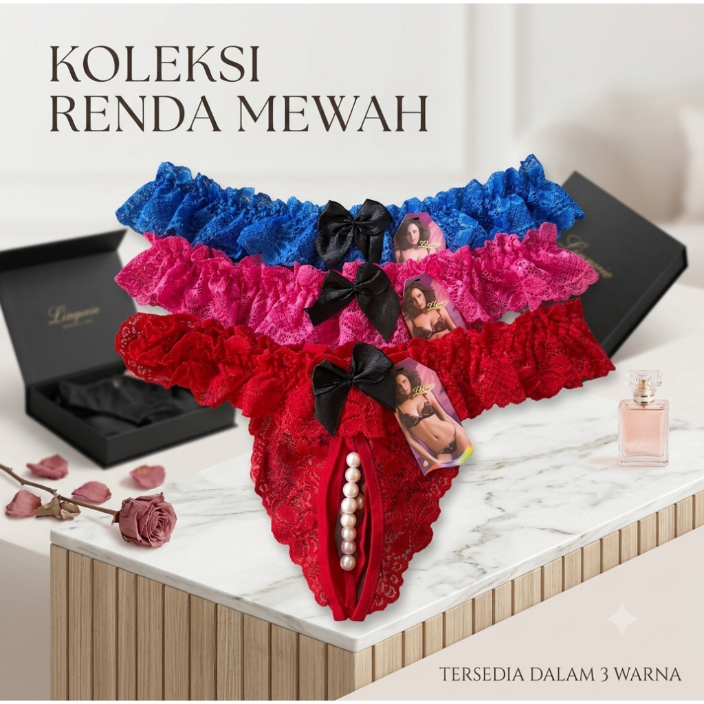Celana Dalam Sexy Elegan G String Mutiara Open Crotch Pita Hitam