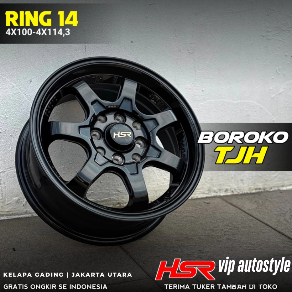 Velg Mobil Racing R14 HSR Boroko TJH Pcd 4x100-4x114,3 Untuk Brio Avanza Sigra Agya Ring 14 Black