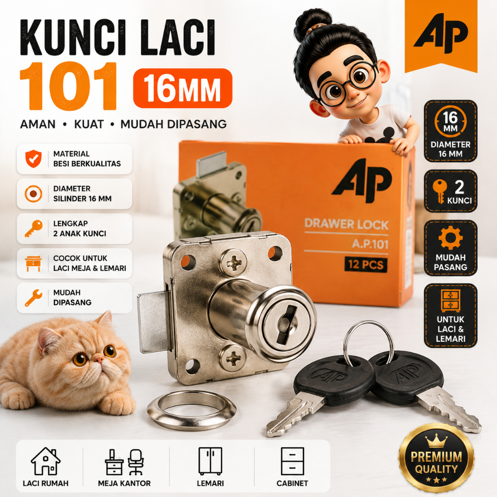 Kunci Laci 101 16mm AP Drawer Lock Kunci Lemari Meja Cabinet Laci Besi 2 Anak Kunci