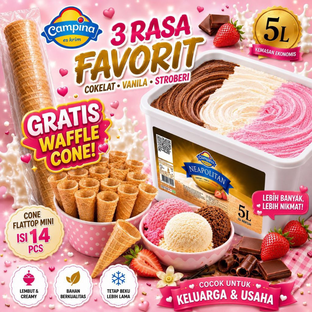 ICE CREAM CAMPINA 5 LITER NEOPOLITAN GRATIS WAFFLE MINI ISI 14 PCS / ESKRIM EMBERAN / ES KRIM LITERA
