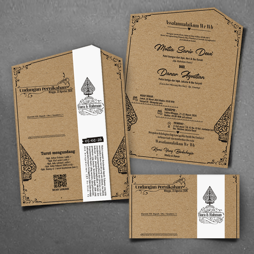 Undangan lipat 3 Pernikahan Khitanan kertas kraft SAMSON  sabuk putih include plastik dan label nama