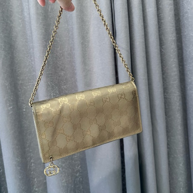 vintage Gucci Flap Metallic GG Imprime Canvas Wallet On Chain