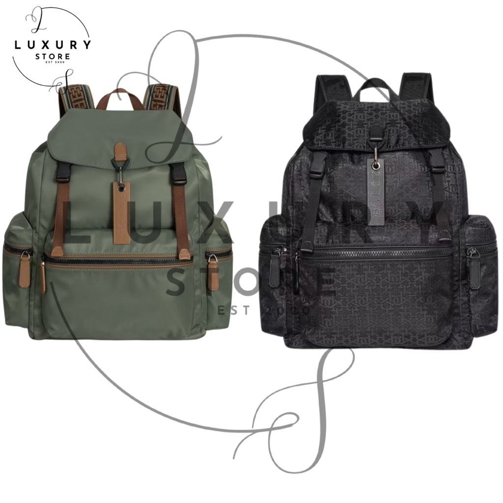 LUXURY STORE Bally Nylon Backpack Army Green Leather Trim Tas Ransel Pria Original Multi Pocket