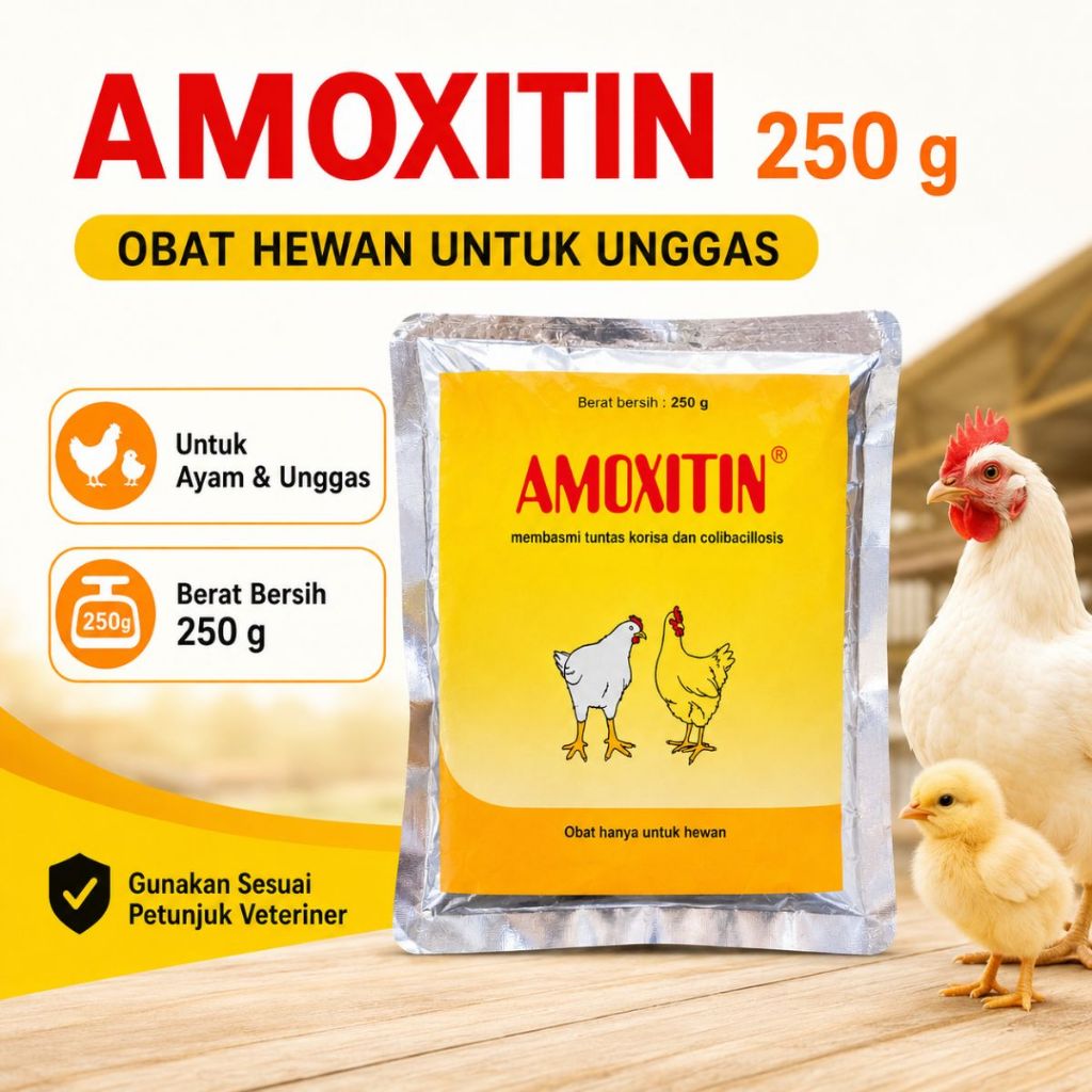 AMOXITIN 250 Gram Original Antibiotik Ayam Unggas Tanpa Colistin, Bantu Atasi Korisa Muka Bengkak Pi