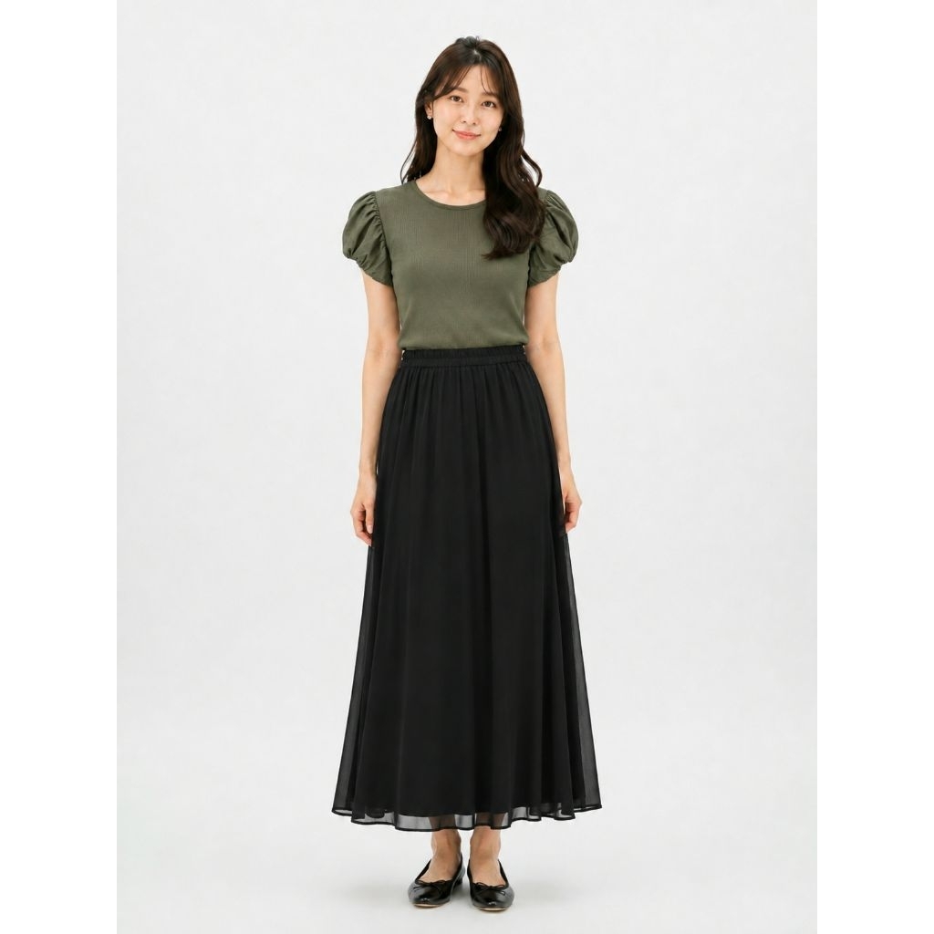 Skirt GU by UNIQLO Plisket Maxi Chiffon Black (XL)
