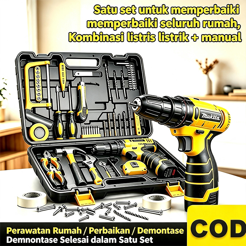 NEW  Satu Set Alat Perkakas Bor Listrik Cordless 118 inl PCS - ToolkitLengkap Tang Obeng Palu